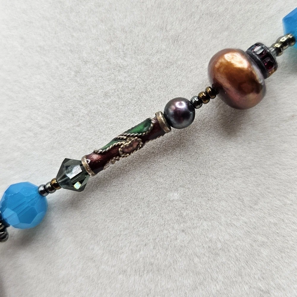 VINTAGE Blue and Brown Glass Cloisonne  Beaded Lariat Y-Drop Necklace